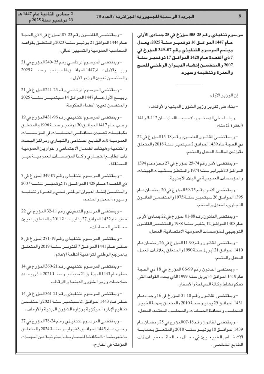 المرسوم التنفيذي رقم 25-305 المتضمن إنشاء الديوان وتنظيمه وسيره